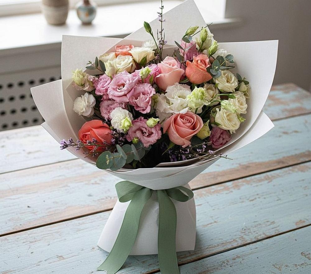 Букет цветов из: Розы, Лизиантусы и Гвоздики в Уржуме